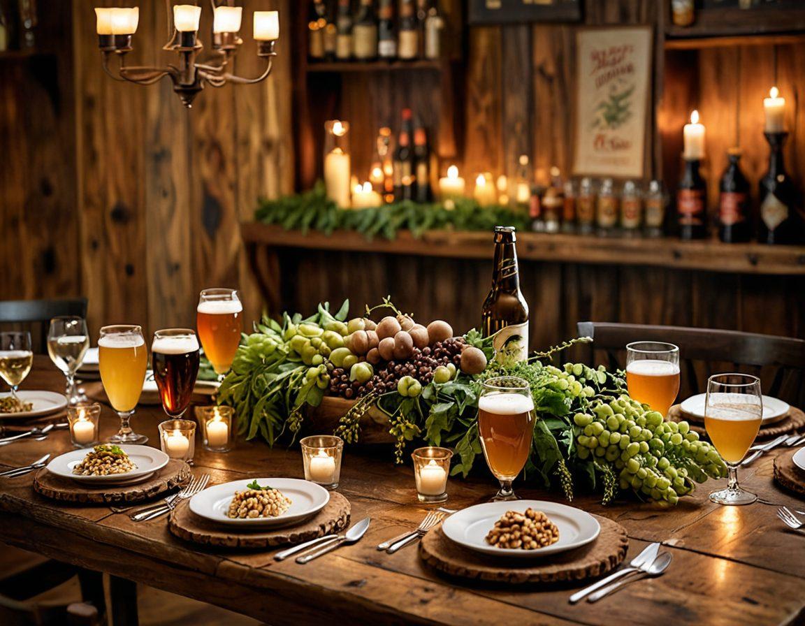 A beautifully arranged table showcasing an array of beer styles, each paired with gourmet food that complements their unique flavors. The background features hops and barley, while elegant glassware reflects a warm light. Include elements that suggest a cozy atmosphere, like flickering candles and rustic wooden textures. super-realistic. vibrant colors. cozy ambiance.