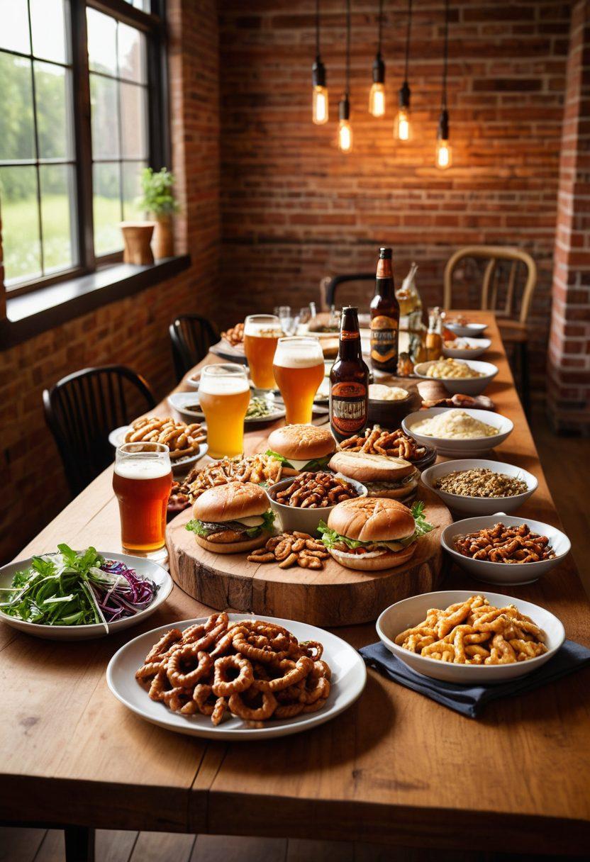 A rustic wooden table adorned with an assortment of craft beer bottles and glasses, showcasing different styles like IPAs, stouts, and sours. Accompanying the beers are vibrant plates of food pairings, including gourmet burgers, artisanal cheese, and spicy pretzels. In the background, a brewing setup with hops and grains subtly hints at the brewing techniques discussed in the blog. The scene is filled with warm golden lighting to evoke a cozy atmosphere. super-realistic. vibrant colors.