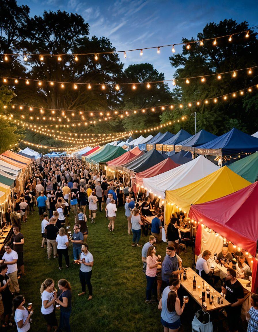 A lively scene depicting diverse groups of people enjoying craft beer at a bustling outdoor festival, surrounded by colorful tents of local breweries. Include beer tasting flights and vibrant labels showcasing unique brews, with a backdrop of greenery and twinkling string lights at dusk. Capture the excitement of craft beer enthusiasts mingling, with joyful expressions and clinking glasses. Illustrate a variety of beer styles from IPAs to stouts. super-realistic. vibrant colors. festive atmosphere.